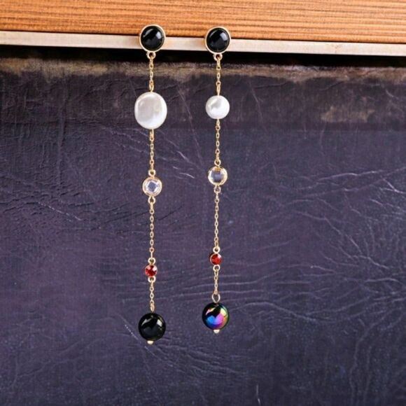 Pearl Crystal Rhinestone Gold Drop Dangle Earrings - Picture 12 of 12